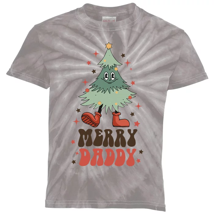 Merry Daddy Retro Christmas Tree Face Groovy Matching Family Kids Tie-Dye T-Shirt