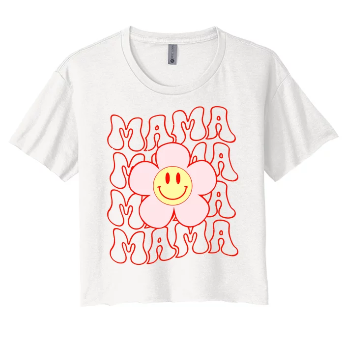 Mother Day Retro Happy Face Mama Groovy Daisy Flower Smile Face Trendy Women's Crop Top Tee