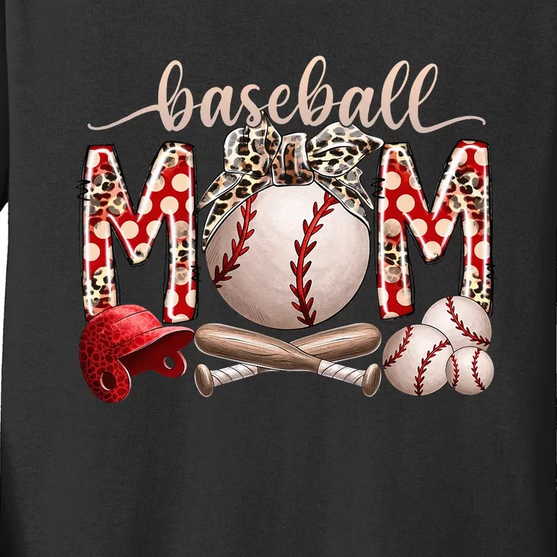 Mother's Day Softball Baseball Mom Leopard Kids Long Sleeve Shirt