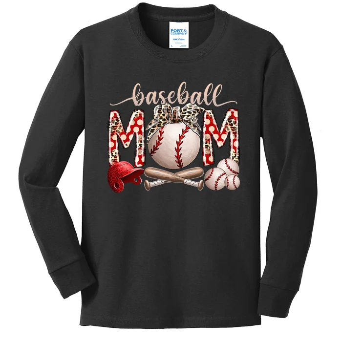 Mother's Day Softball Baseball Mom Leopard Kids Long Sleeve Shirt