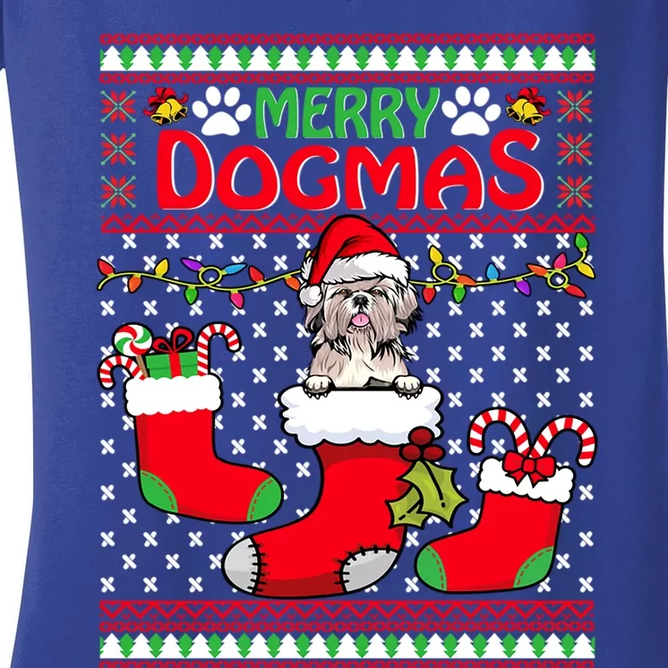 Merry Dogmas Shih Tzu Dog Funny Ugly Christmas Xmas Gift Women's V-Neck T-Shirt