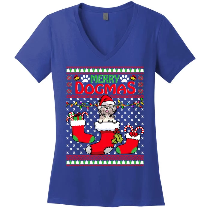 Merry Dogmas Shih Tzu Dog Funny Ugly Christmas Xmas Gift Women's V-Neck T-Shirt