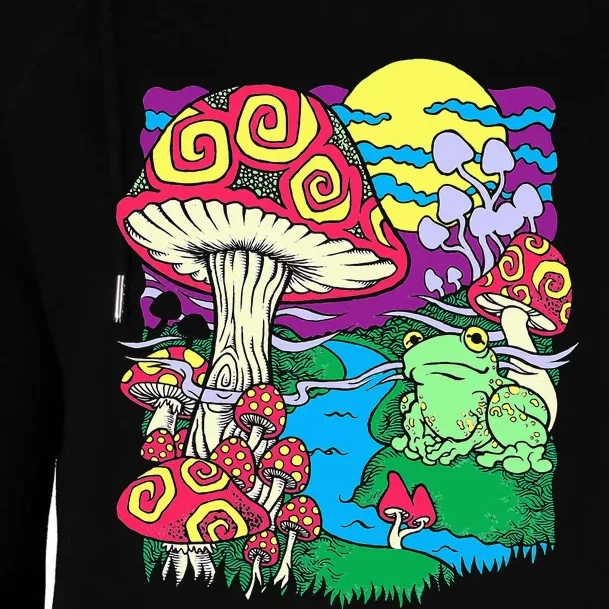 Mushroom dream Trippy Mushroom and frog hippie vinatge retro Womens Funnel Neck Pullover Hood