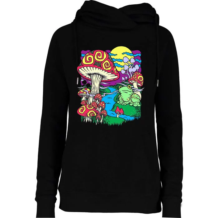 Mushroom dream Trippy Mushroom and frog hippie vinatge retro Womens Funnel Neck Pullover Hood