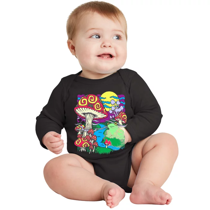 Mushroom dream Trippy Mushroom and frog hippie vinatge retro Baby Long Sleeve Bodysuit