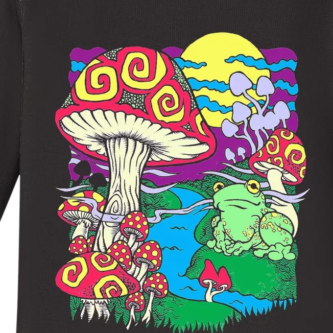 Mushroom dream Trippy Mushroom and frog hippie vinatge retro Baby Long Sleeve Bodysuit