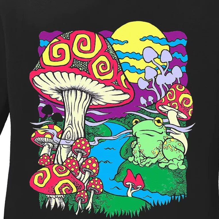 Mushroom dream Trippy Mushroom and frog hippie vinatge retro Ladies Long Sleeve Shirt