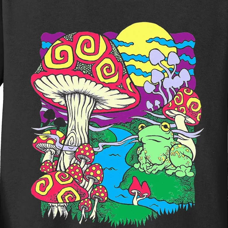 Mushroom dream Trippy Mushroom and frog hippie vinatge retro Kids Long Sleeve Shirt