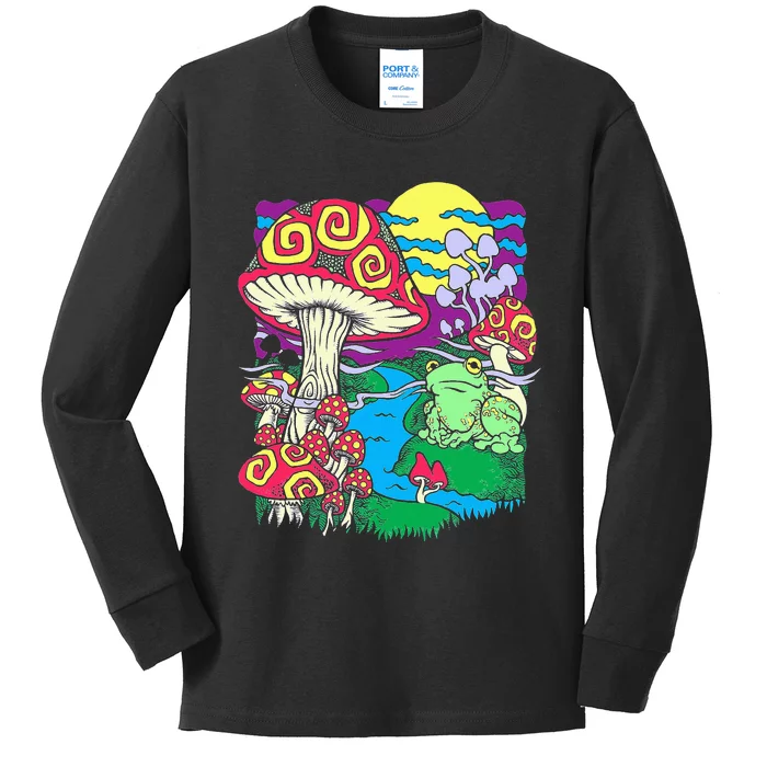 Mushroom dream Trippy Mushroom and frog hippie vinatge retro Kids Long Sleeve Shirt