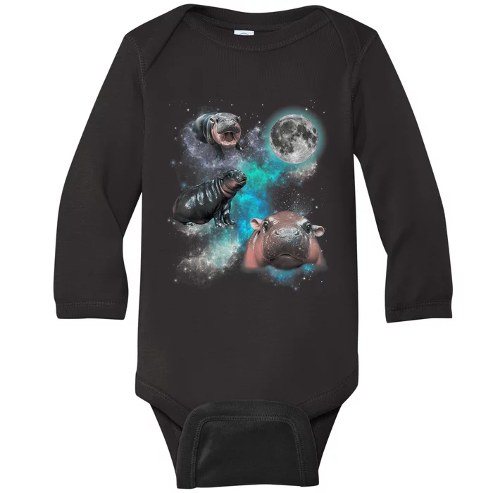 Moo Deng Three Moo Deng Moon Funny Hippo Baby Long Sleeve Bodysuit