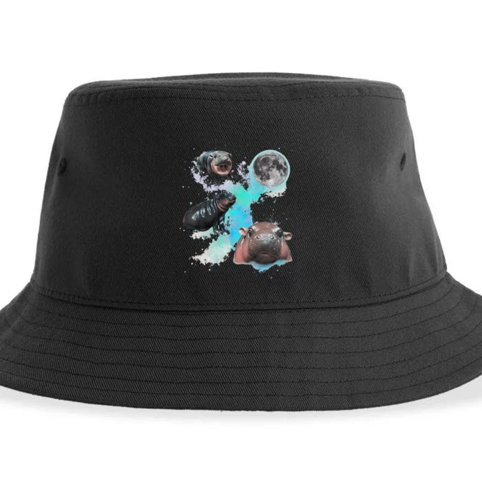 Moo Deng Three Moo Deng Moon Funny Hippo Gift Sustainable Bucket Hat