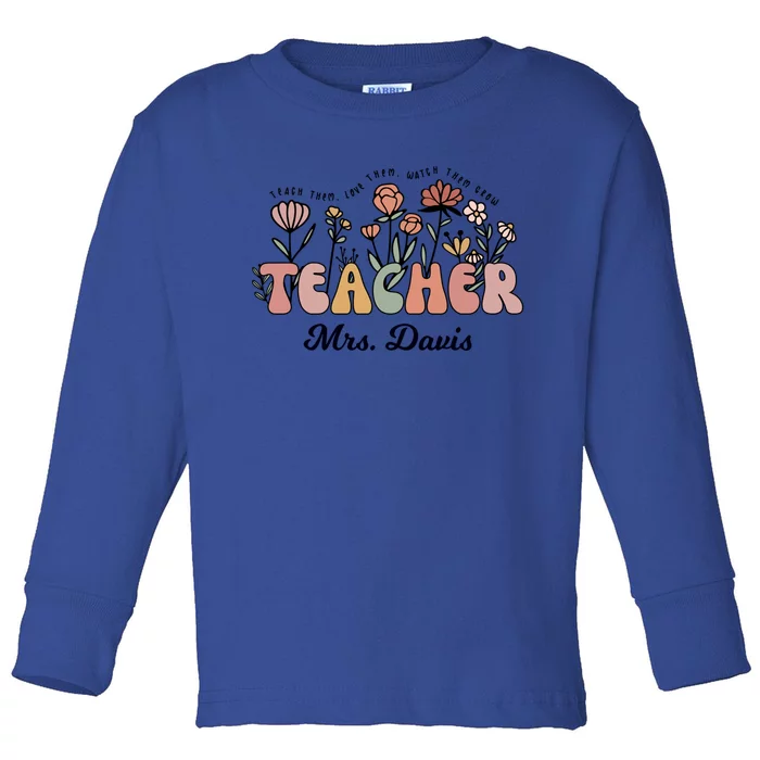 Mrs Davis Teacher Wildflower Back To School Gift Toddler Long Sleeve Shirt