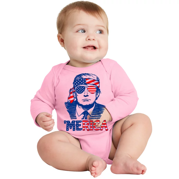 Merica Donald Trump 4th Of July Patristic American Flag Baby Long Sleeve Bodysuit