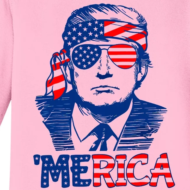 Merica Donald Trump 4th Of July Patristic American Flag Baby Long Sleeve Bodysuit