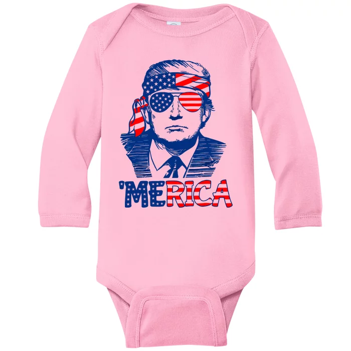 Merica Donald Trump 4th Of July Patristic American Flag Baby Long Sleeve Bodysuit