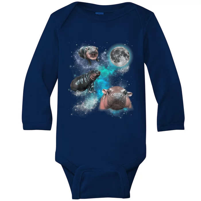 Moo Deng Three Moo Deng Moon Funny Hippo Universe Galaxy Baby Long Sleeve Bodysuit