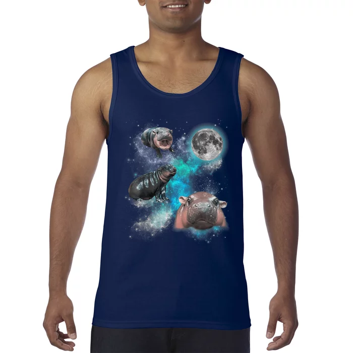 Moo Deng Three Moo Deng Moon Funny Hippo Universe Galaxy Tank Top