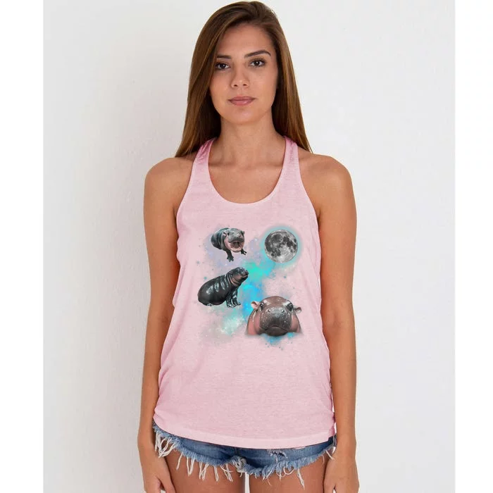 Moo Deng Three Moo Deng Moon Funny Hippo Universe Galaxy Women's Knotted Racerback Tank