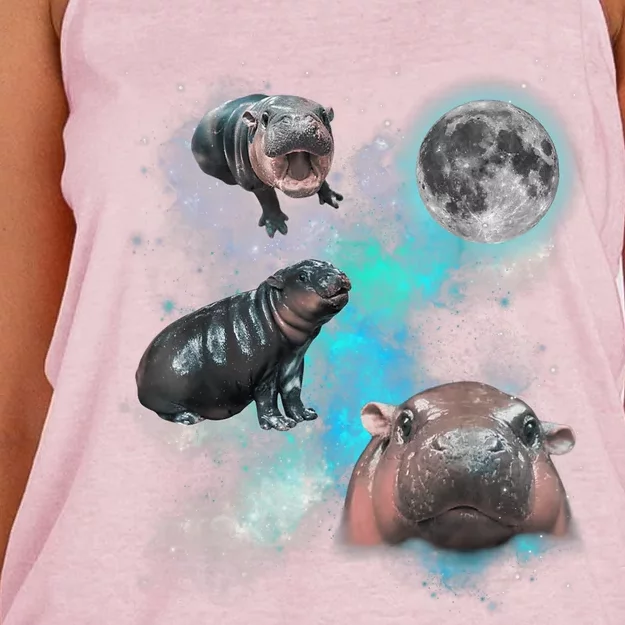 Moo Deng Three Moo Deng Moon Funny Hippo Universe Galaxy Women's Knotted Racerback Tank