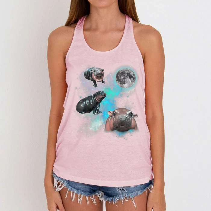 Moo Deng Three Moo Deng Moon Funny Hippo Universe Galaxy Women's Knotted Racerback Tank