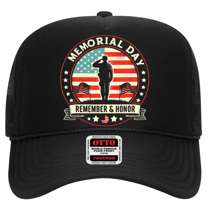 Memorial Day Usa Flag Remember Honor Patriot High Crown Mesh Trucker Hat