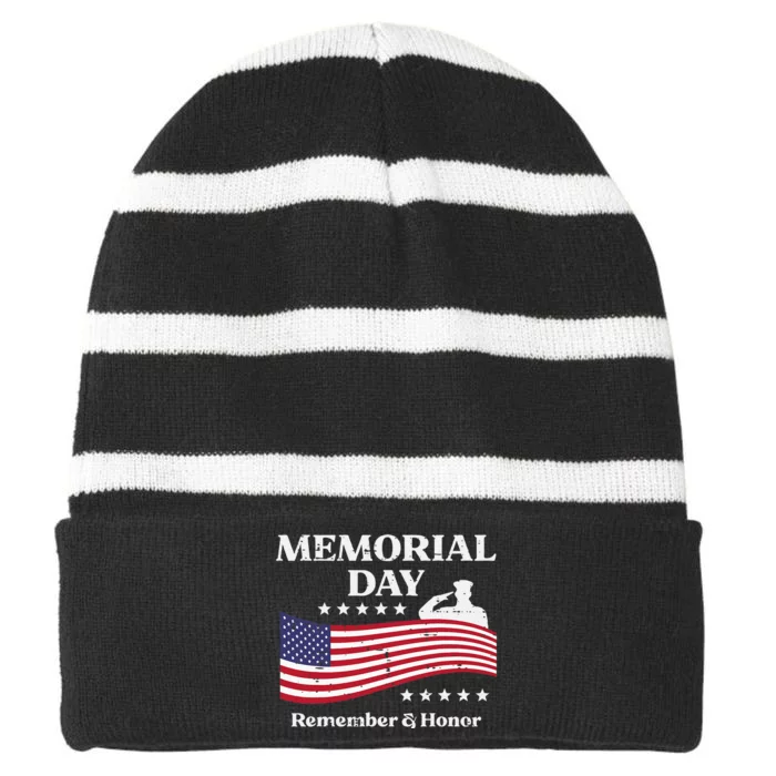 Memorial Day Usa Flag Remember Honor Patriot Striped Beanie with Solid Band