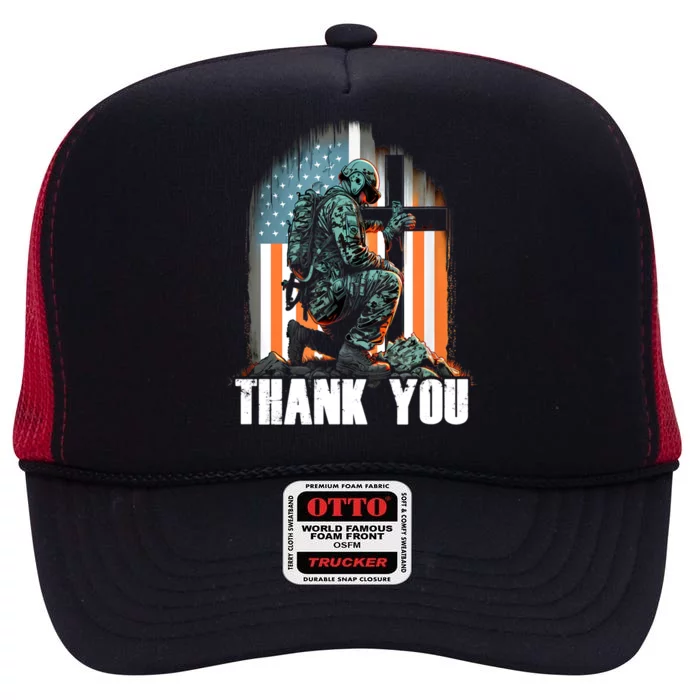 Memorial Day Veteran Soldier Kneel Cross Usa American Flag Great Gift High Crown Mesh Trucker Hat