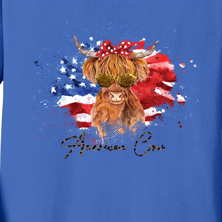 Memorial Day Veterans Day 4th Of July Patriotic American Cow Funny Gift Kids Long Sleeve Shirt