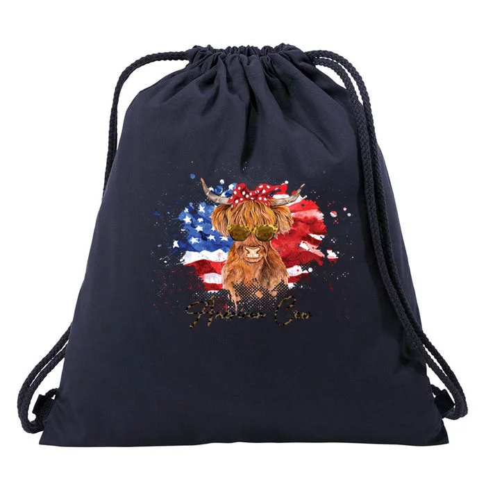 Memorial Day Veterans Day 4th Of July Patriotic American Cow Funny Gift Drawstring Bag