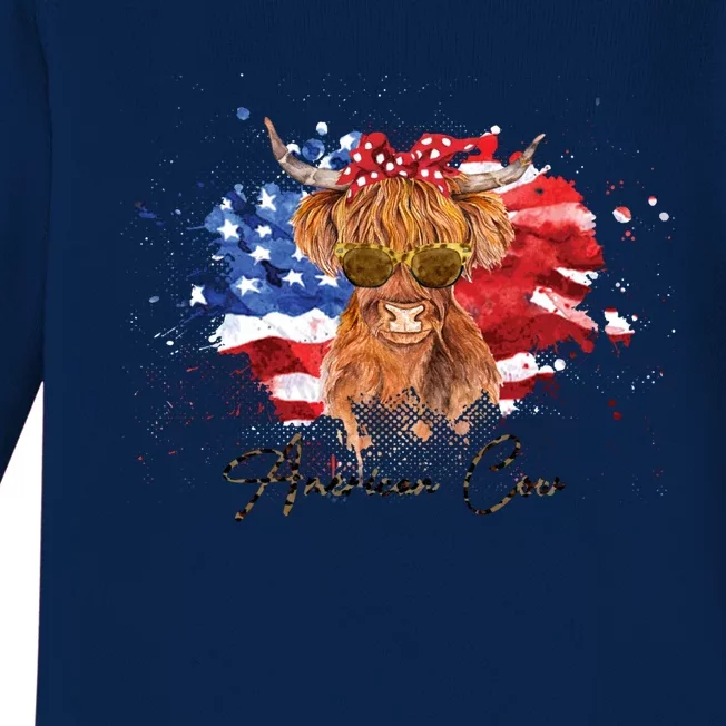 Memorial Day Veterans Day 4th Of July Patriotic American Cow Funny Gift Baby Long Sleeve Bodysuit