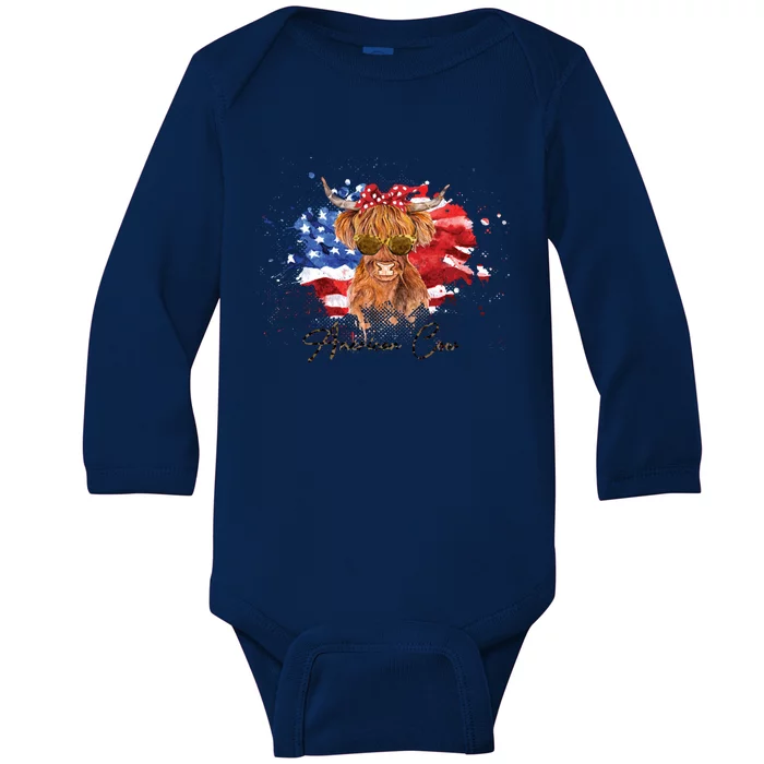 Memorial Day Veterans Day 4th Of July Patriotic American Cow Funny Gift Baby Long Sleeve Bodysuit