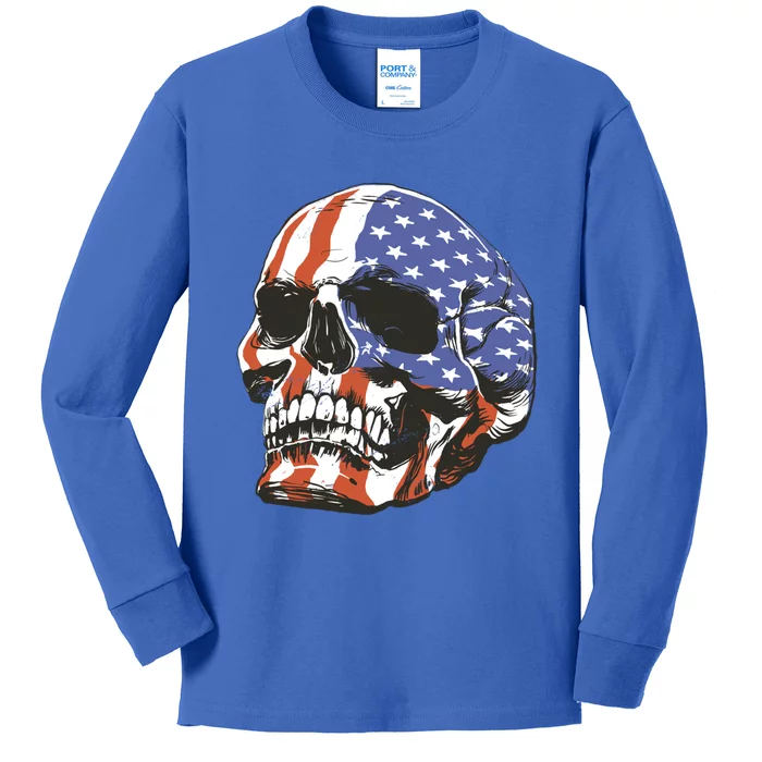 Memorial Day Veterans Day 4th Of July Patriotic Usa Skull Gift Kids Long Sleeve Shirt