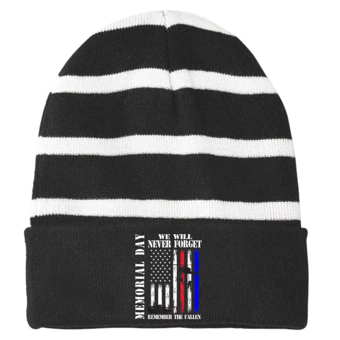 Memorial Day We Will Never Forget Remember The Fallen Flag Striped Beanie with Solid Band