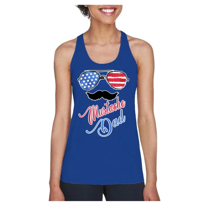 Mustache Dad With American Flag Sunglasses Fathers Day Gift Women's Racerback Tank