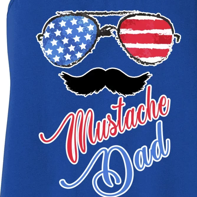 Mustache Dad With American Flag Sunglasses Fathers Day Gift Women's Racerback Tank