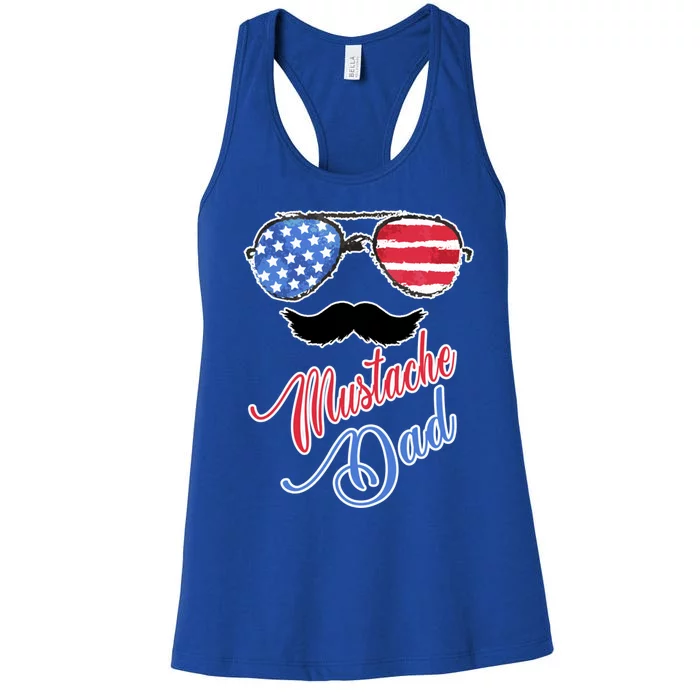 Mustache Dad With American Flag Sunglasses Fathers Day Gift Women's Racerback Tank