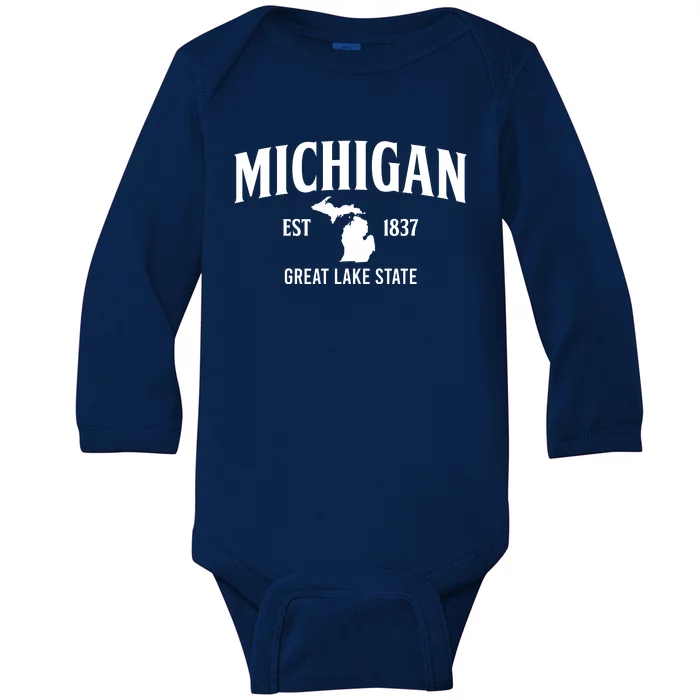 Michigan Est 1837 Great Lake State MI Pride USA Baby Long Sleeve Bodysuit