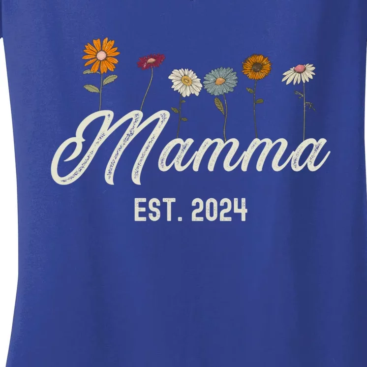 Mamma Est 2024 Floral Mothers Day New Parents Pregnancy Gift Women's V-Neck T-Shirt