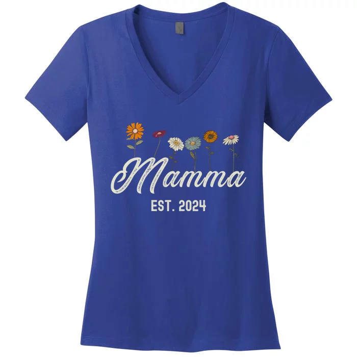 Mamma Est 2024 Floral Mothers Day New Parents Pregnancy Gift Women's V-Neck T-Shirt