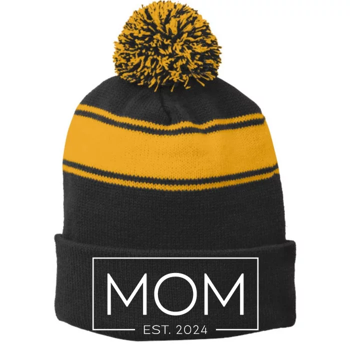 Mom Established 2024 MotherS Day Celebration Stripe Pom Pom Beanie