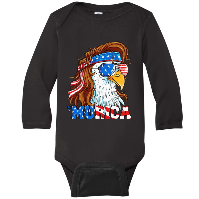 Murica Eagle 4th Of July Mullet American Flag Usa Patriotic Baby Long Sleeve Bodysuit