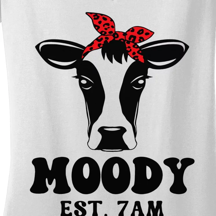 Moody Est. 7 Am Retro Cow Funny Super Mom Mama Mother's Day Women's V-Neck T-Shirt