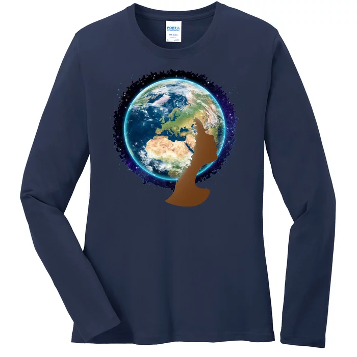 Mother Earth Afro Hair Galaxy Ladies Long Sleeve Shirt