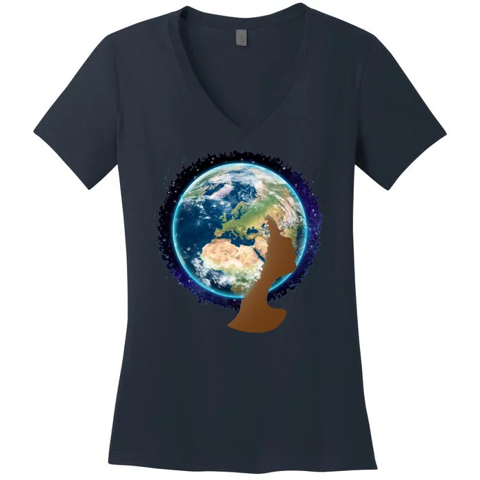 Mother Earth Afro Hair Galaxy Women's V-Neck T-Shirt