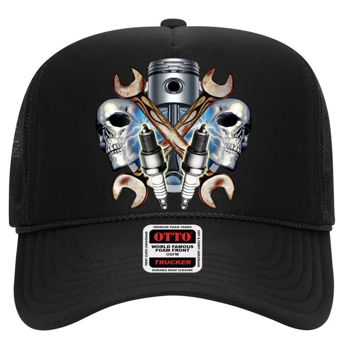 Mechanic Skulls With Wrench & Spark Plugs High Crown Mesh Trucker Hat