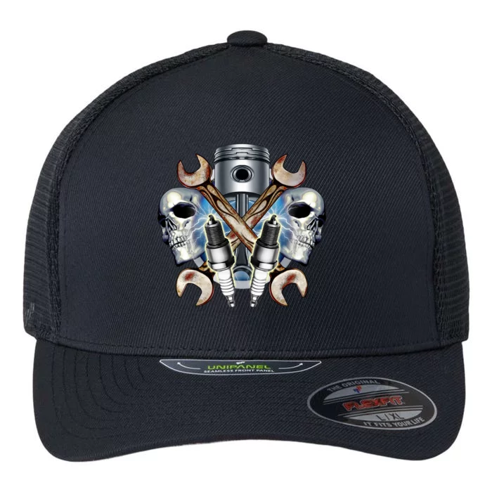 Mechanic Skulls With Wrench & Spark Plugs Flexfit Unipanel Trucker Cap