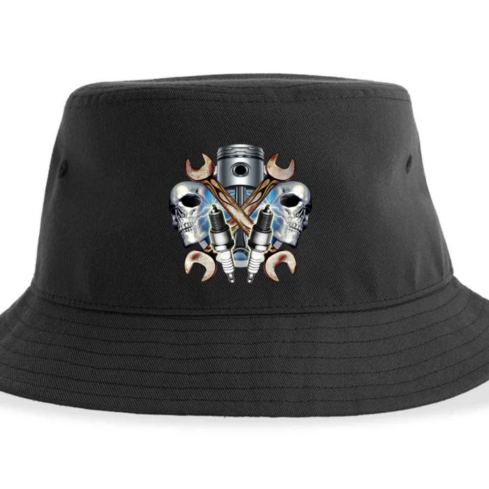 Mechanic Skulls With Wrench & Spark Plugs Sustainable Bucket Hat