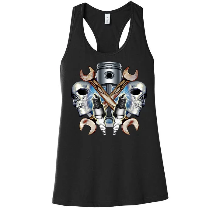 Mechanic Skulls With Wrench & Spark Plugs Women's Racerback Tank