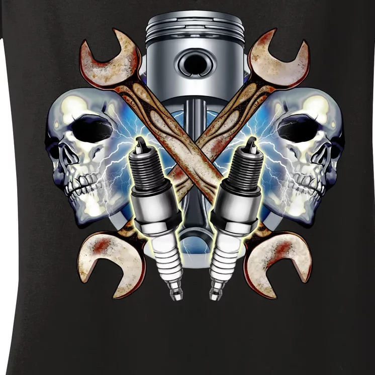 Mechanic Skulls With Wrench & Spark Plugs Women's V-Neck T-Shirt