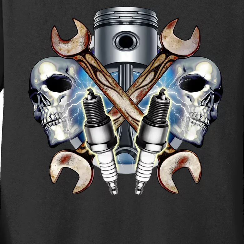 Mechanic Skulls With Wrench & Spark Plugs Kids Long Sleeve Shirt